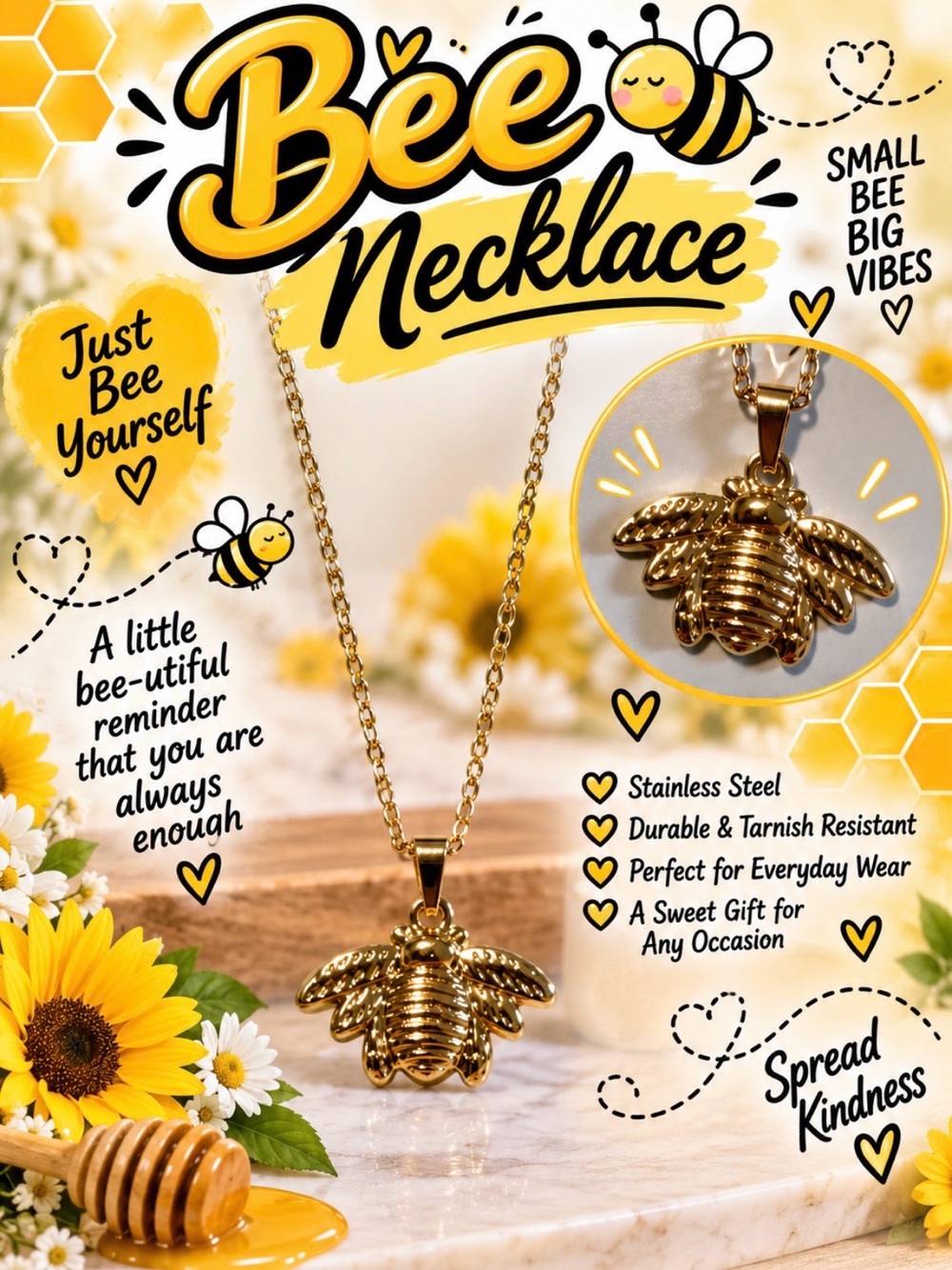Bee Necklace Gold Stainless Steel Pendant - Inspirational Women’s Jewelry